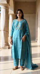 BLUE COLOURED  WOMEN'S POLYSTER KURTA WITH  DUPATTA SET