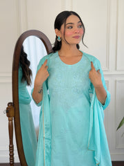 SKY COLOURED  WOMEN'S PURE COTTON  KURTA  WITH PANT DUPATTA  SET