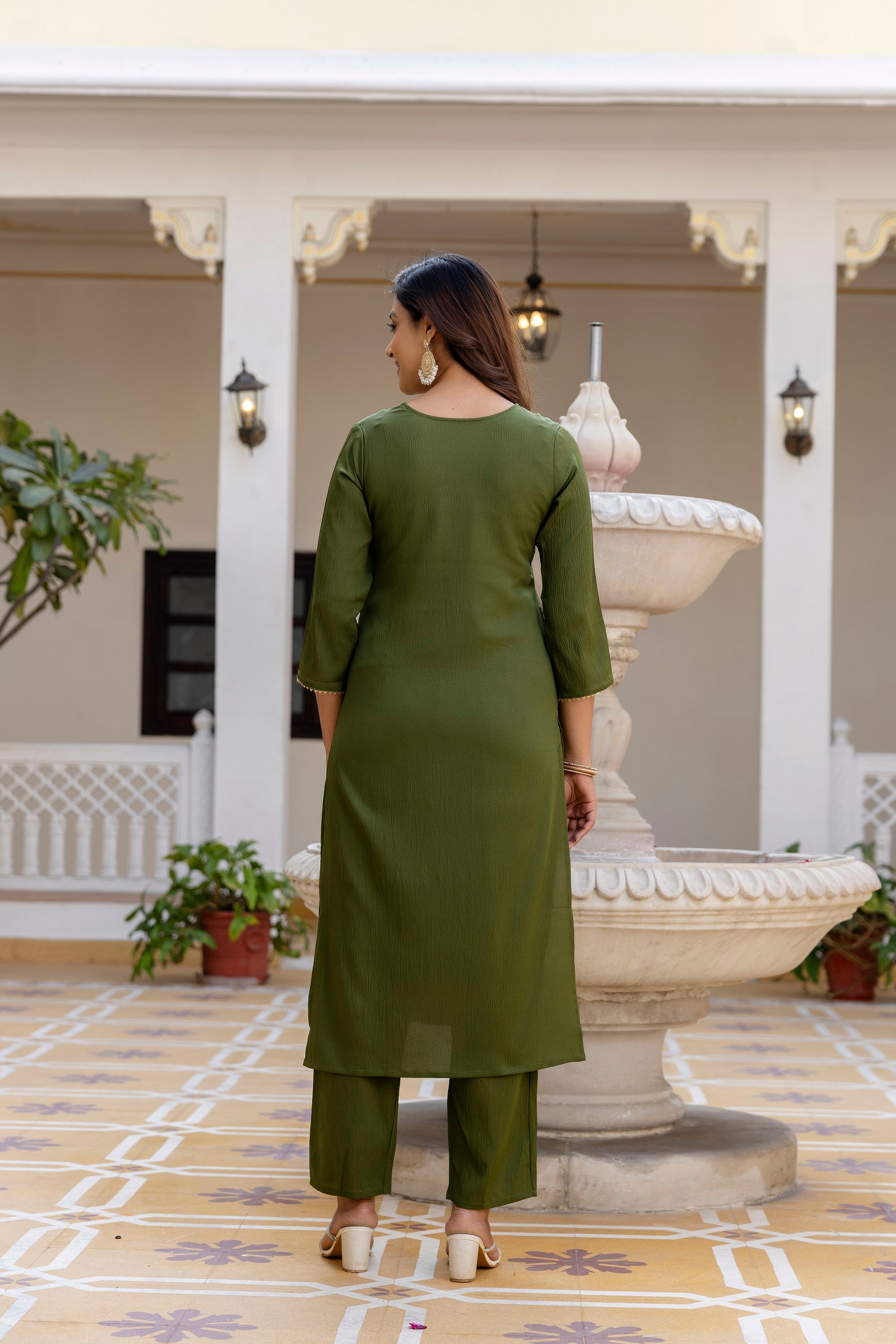 Roopmala Mehandi Polyester Kurta Set with Bottom & Chandery Dupatta | Jacquard Work | Festive & Party Wear – Malaysia