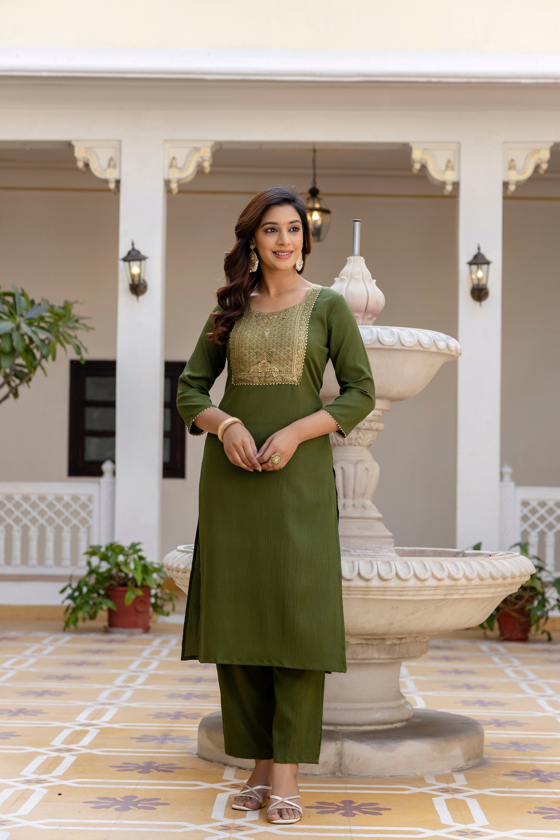 Roopmala Mehandi Polyester Kurta Set with Bottom & Chandery Dupatta | Jacquard Work | Festive & Party Wear – Malaysia
