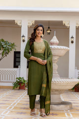 Roopmala Mehandi Polyester Kurta Set with Bottom & Chandery Dupatta | Jacquard Work | Festive & Party Wear – Malaysia
