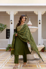 Roopmala Mehandi Polyester Kurta Set with Bottom & Chandery Dupatta | Jacquard Work | Festive & Party Wear – Malaysia