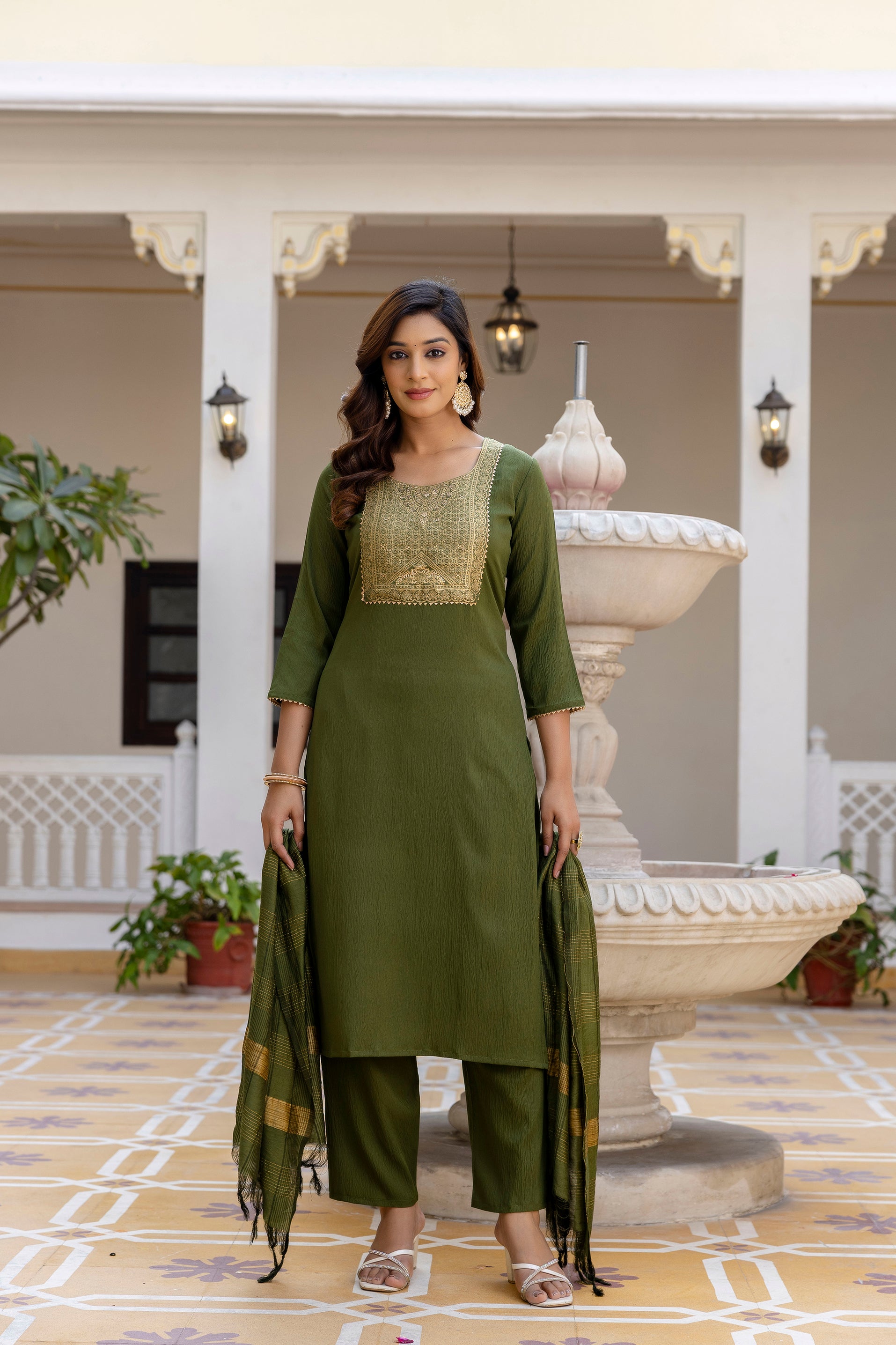 Roopmala Mehandi Polyester Kurta Set with Bottom & Chandery Dupatta | Jacquard Work | Festive & Party Wear – Malaysia