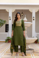Roopmala Mehandi Polyester Kurta Set with Bottom & Chandery Dupatta | Jacquard Work | Festive & Party Wear – Malaysia