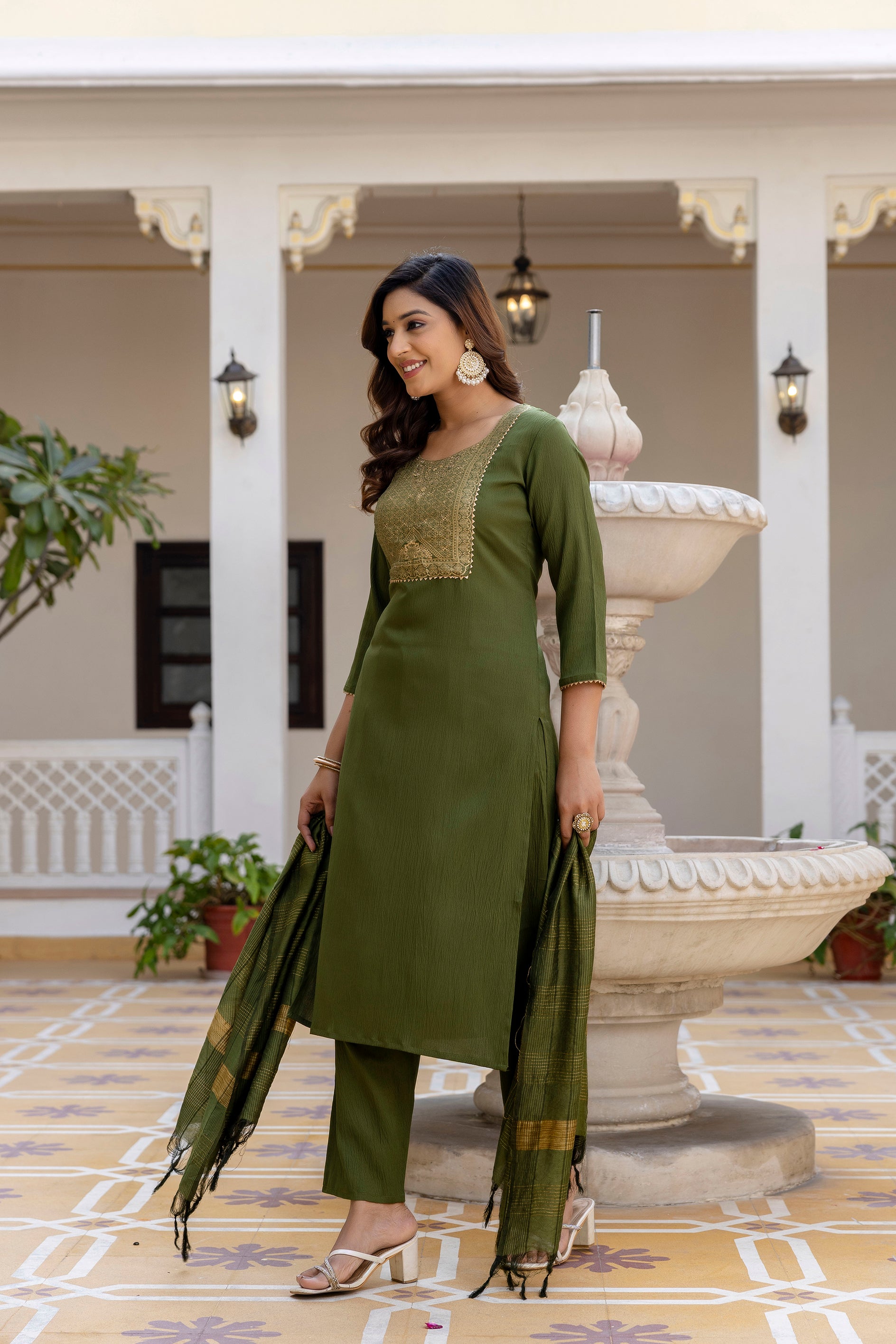 Roopmala Mehandi Polyester Kurta Set with Bottom & Chandery Dupatta | Jacquard Work | Festive & Party Wear – Malaysia