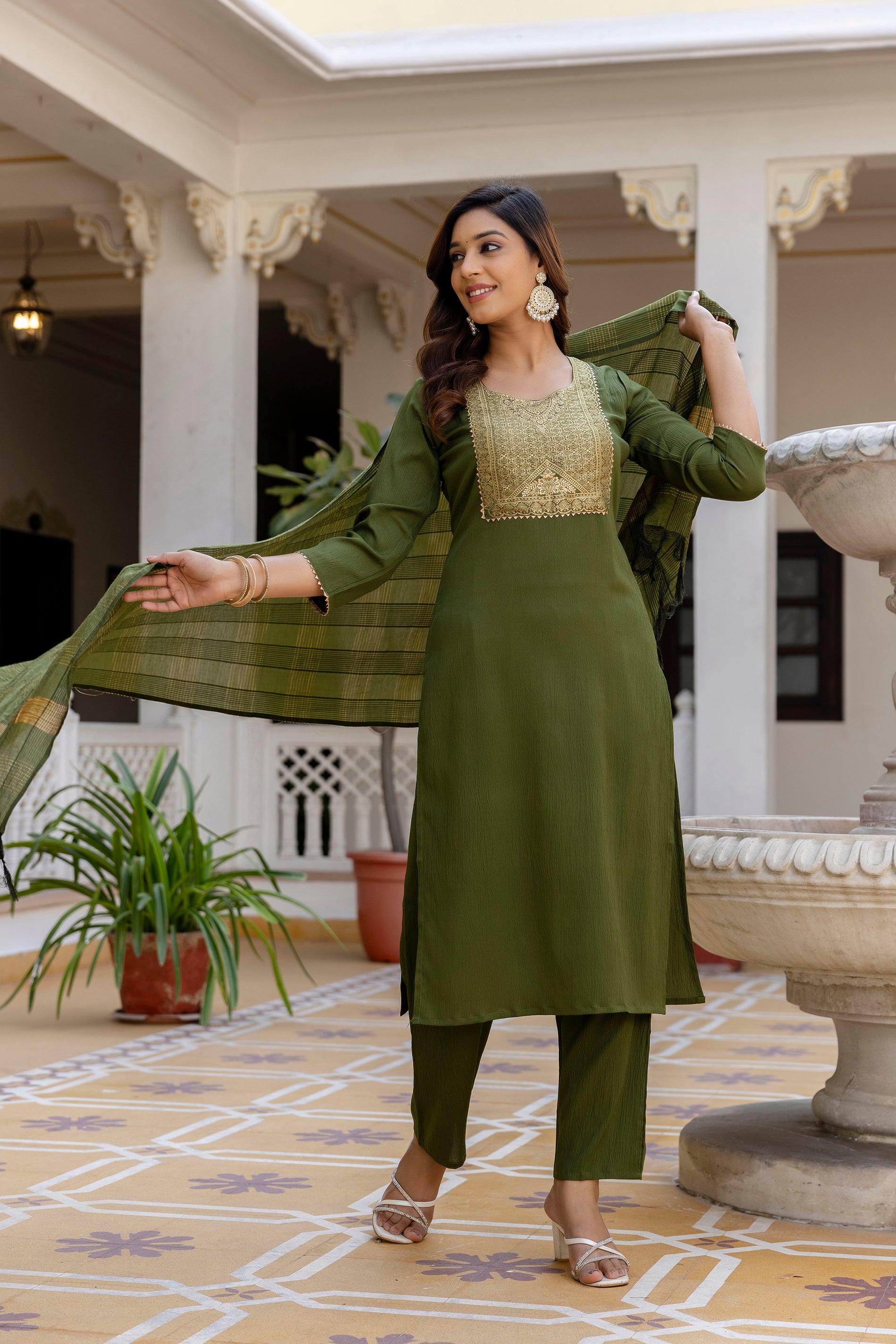 Roopmala Mehandi Polyester Kurta Set with Bottom & Chandery Dupatta | Jacquard Work | Festive & Party Wear – Malaysia