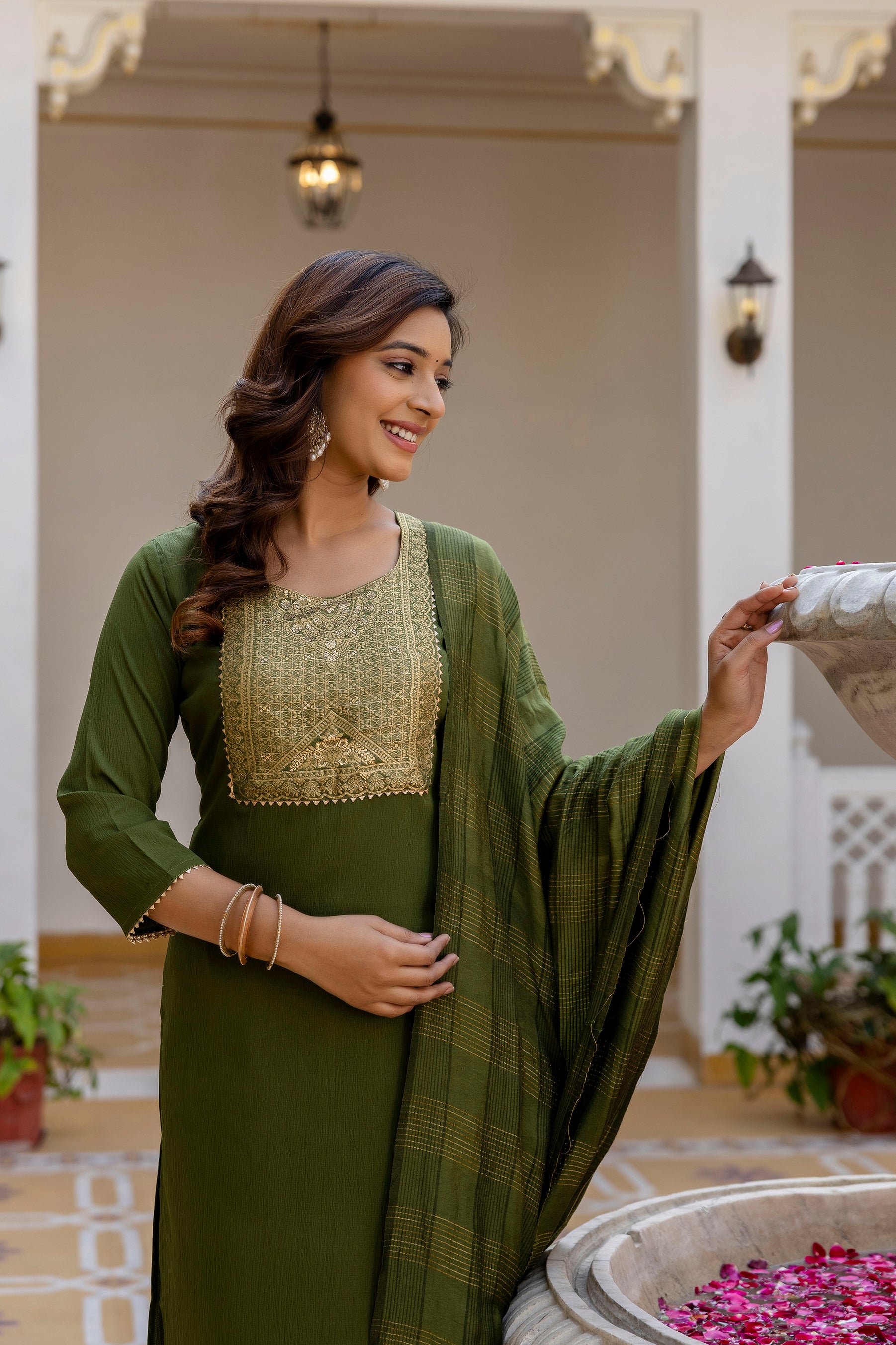 Roopmala Mehandi Polyester Kurta Set with Bottom & Chandery Dupatta | Jacquard Work | Festive & Party Wear – Malaysia