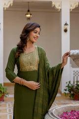 Roopmala Mehandi Polyester Kurta Set with Bottom & Chandery Dupatta | Jacquard Work | Festive & Party Wear – Malaysia