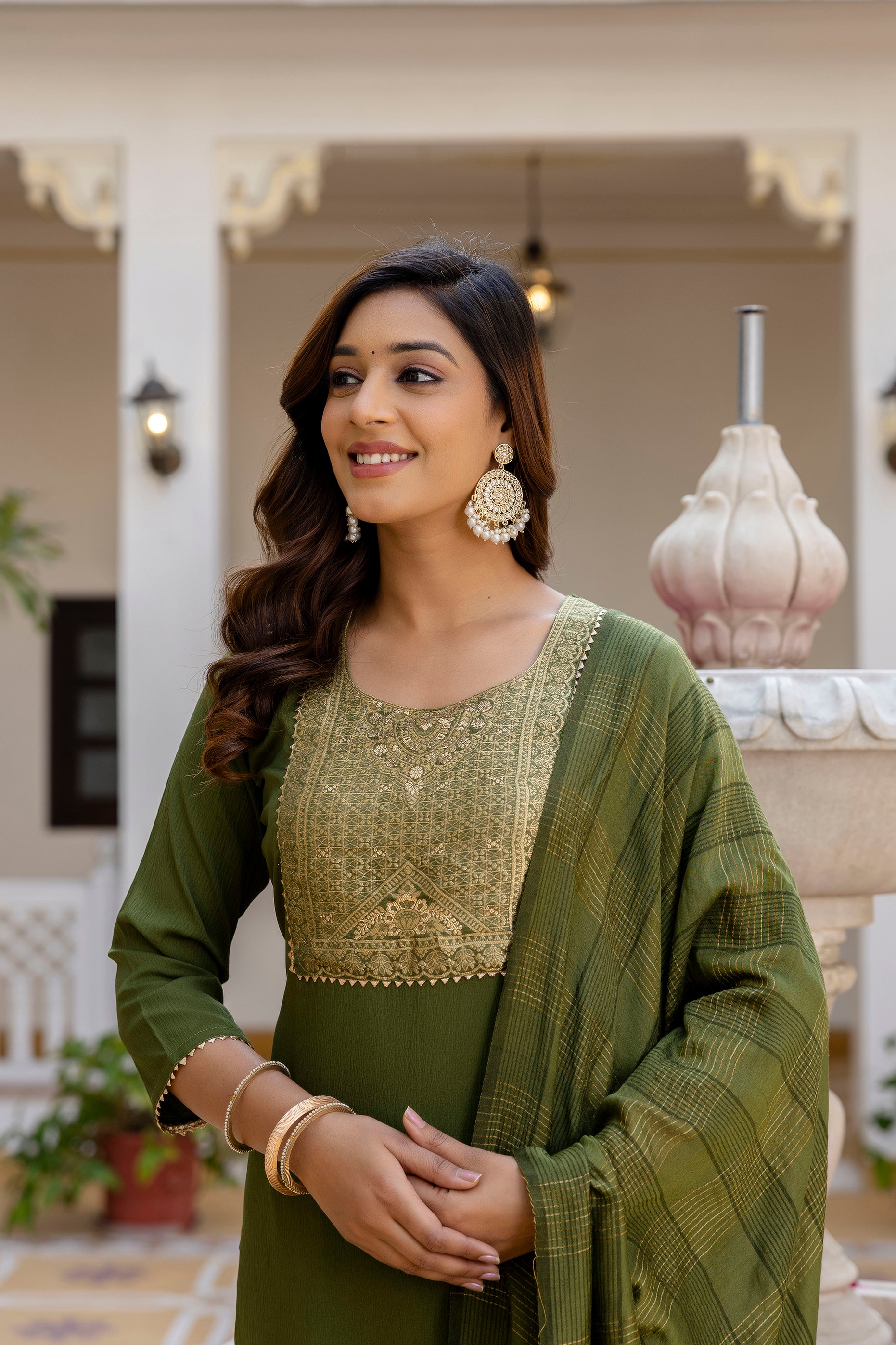 Roopmala Mehandi Polyester Kurta Set with Bottom & Chandery Dupatta | Jacquard Work | Festive & Party Wear – Malaysia