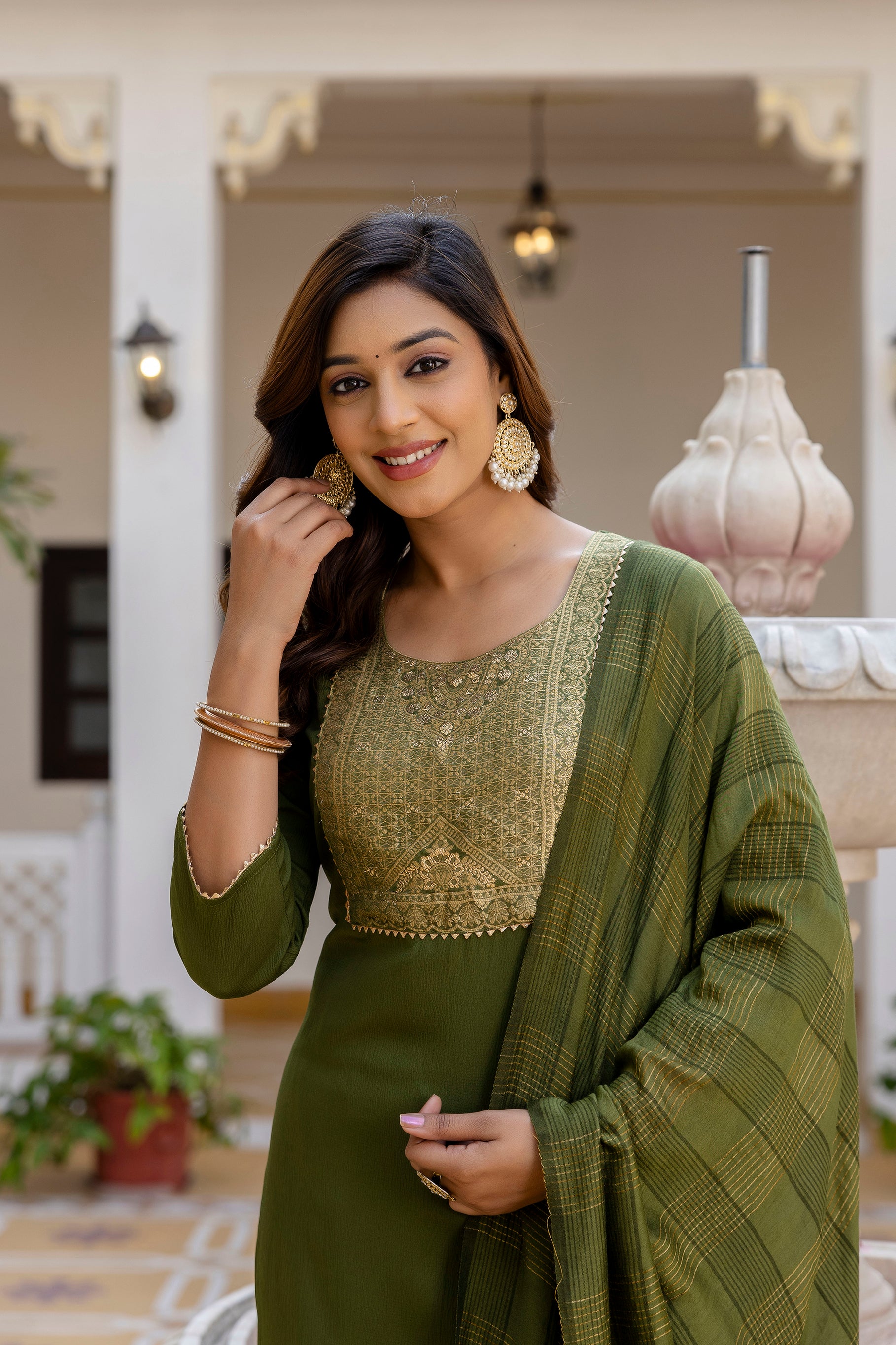 Roopmala Mehandi Polyester Kurta Set with Bottom & Chandery Dupatta | Jacquard Work | Festive & Party Wear – Malaysia