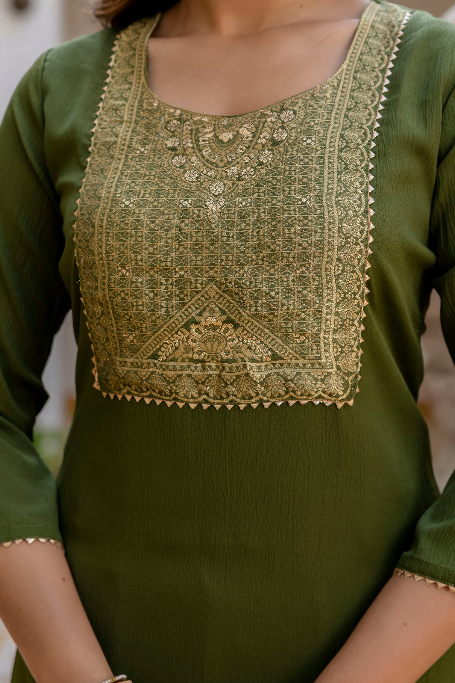 Roopmala Mehandi Polyester Kurta Set with Bottom & Chandery Dupatta | Jacquard Work | Festive & Party Wear – Malaysia
