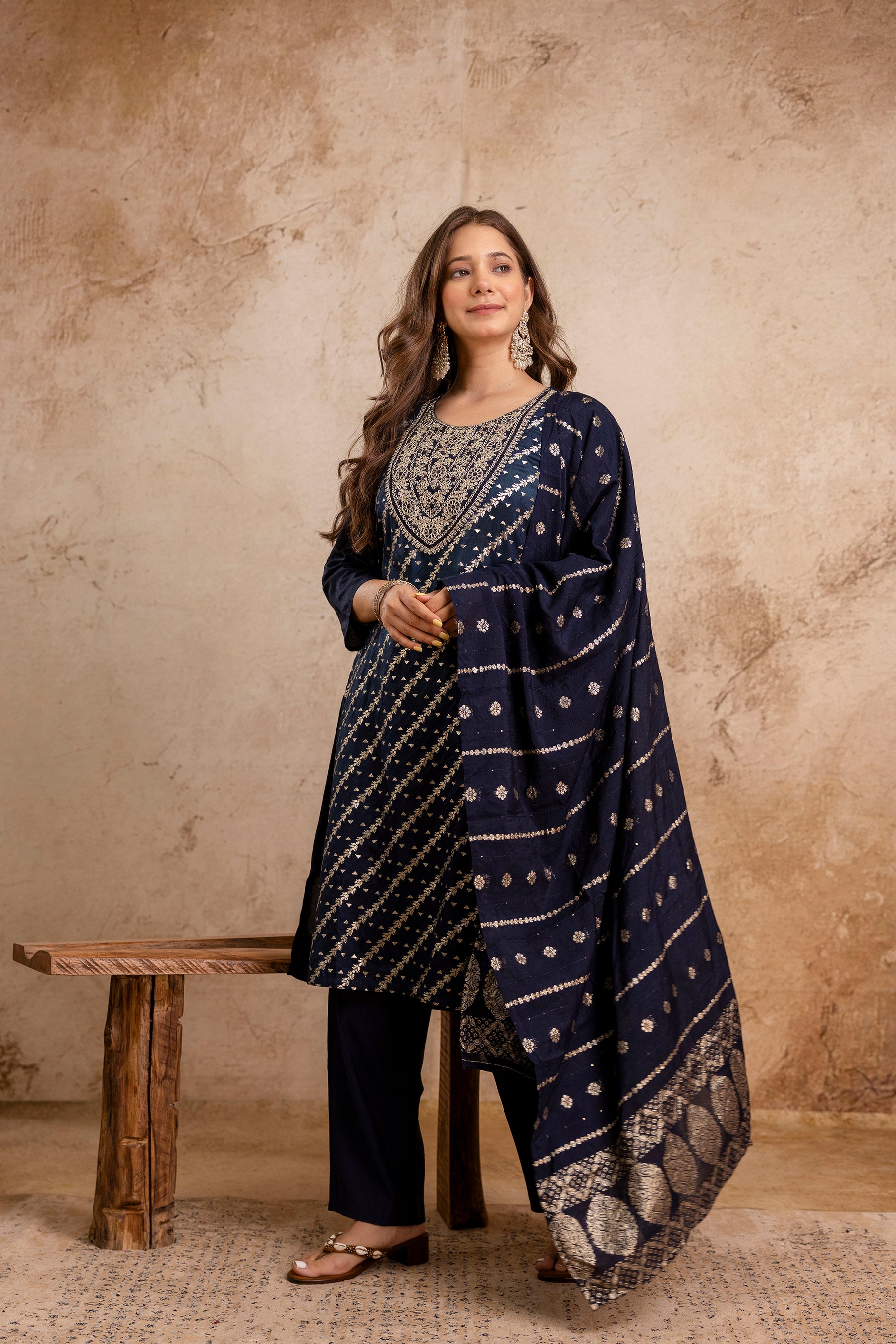 Elegant Navy Blue Maslin Kurta Set for Women | Embroidered Kurti with Jacquard Work | Stitched Suit with Bottom & Chanderi Dupatta | Ready to Wear Ethnic Set Malaysia