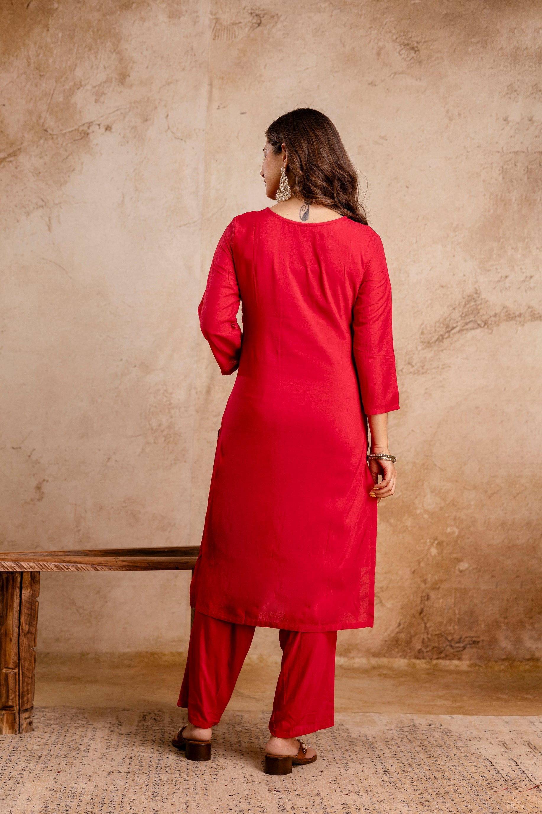 Rani Pink Maslin Kurta Set for Women | Weaving Jacquard Stitched Suit with Bottom & Dupatta | Elegant Ethnic Wear for Women Malaysia | Ready to Wear Kurti Set