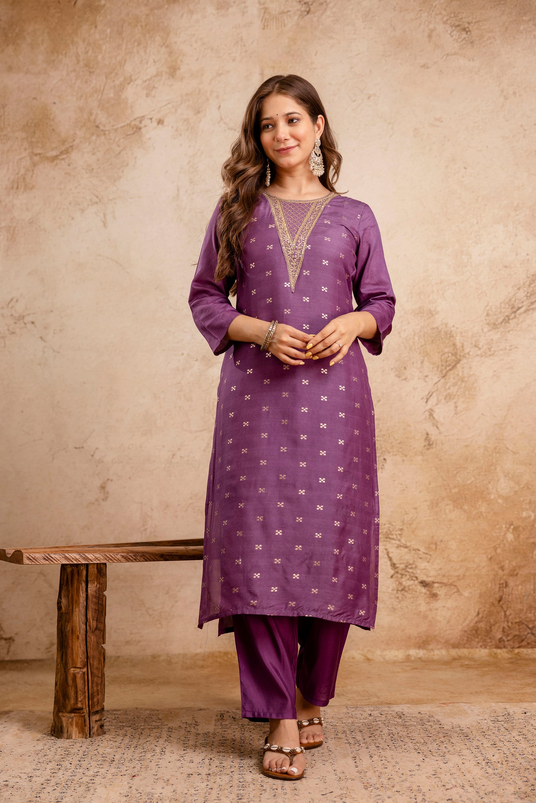 Rust Embroidered Maslin Kurta Set for Women | Stitched Suit with Weaving Jacquard Work & Chanderi Dupatta | Ready to Wear Ethnic Wear Malaysia