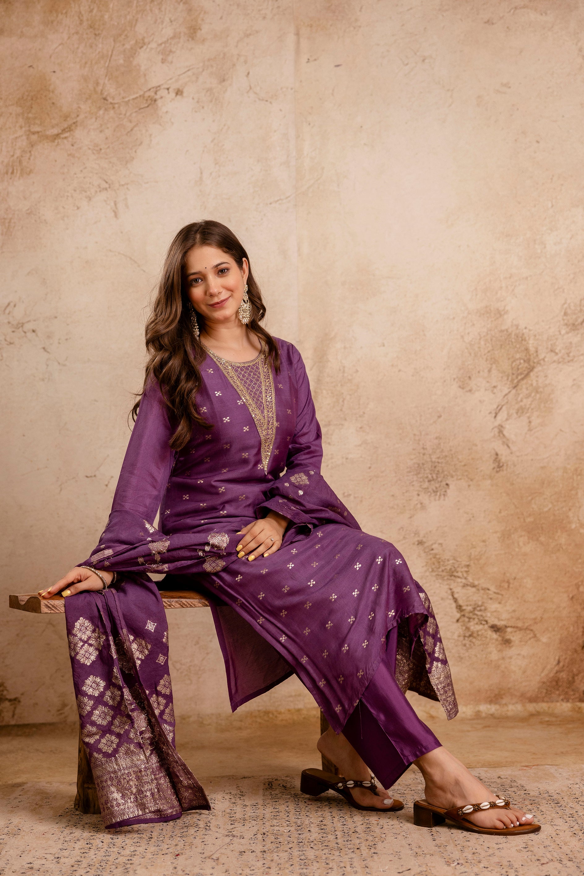 Rust Embroidered Maslin Kurta Set for Women | Stitched Suit with Weaving Jacquard Work & Chanderi Dupatta | Ready to Wear Ethnic Wear Malaysia