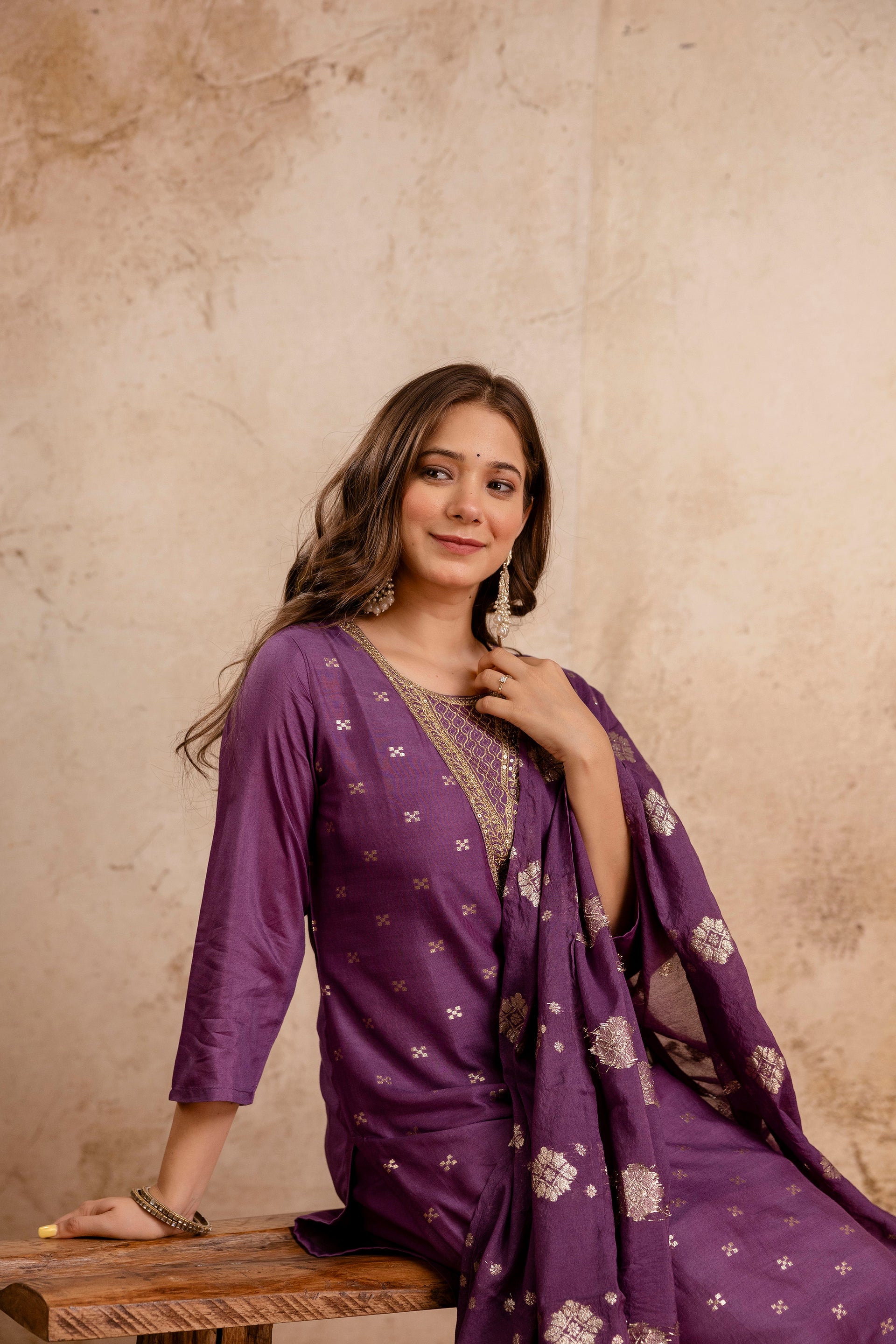 Rust Embroidered Maslin Kurta Set for Women | Stitched Suit with Weaving Jacquard Work & Chanderi Dupatta | Ready to Wear Ethnic Wear Malaysia
