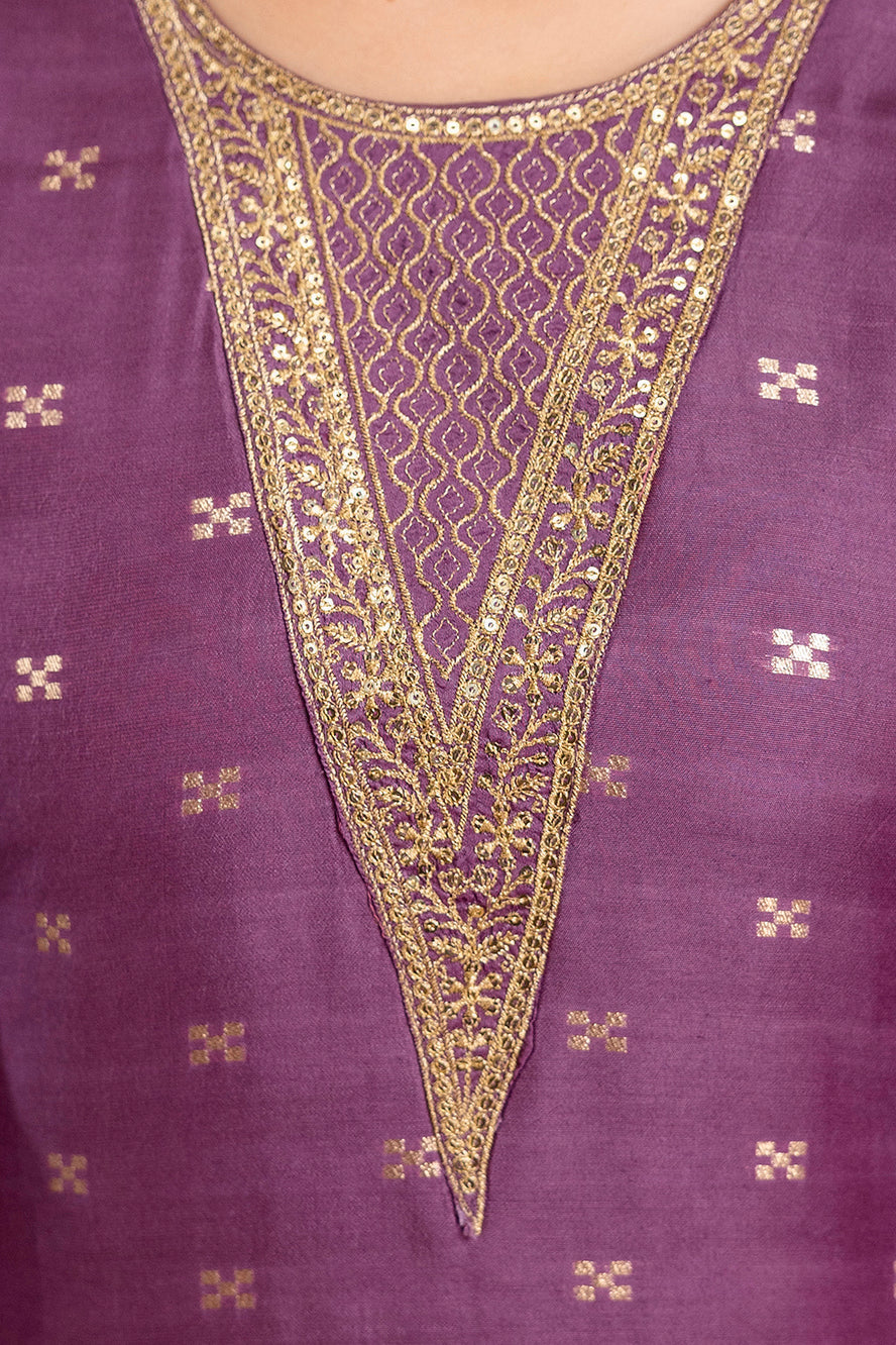 Rust Embroidered Maslin Kurta Set for Women | Stitched Suit with Weaving Jacquard Work & Chanderi Dupatta | Ready to Wear Ethnic Wear Malaysia