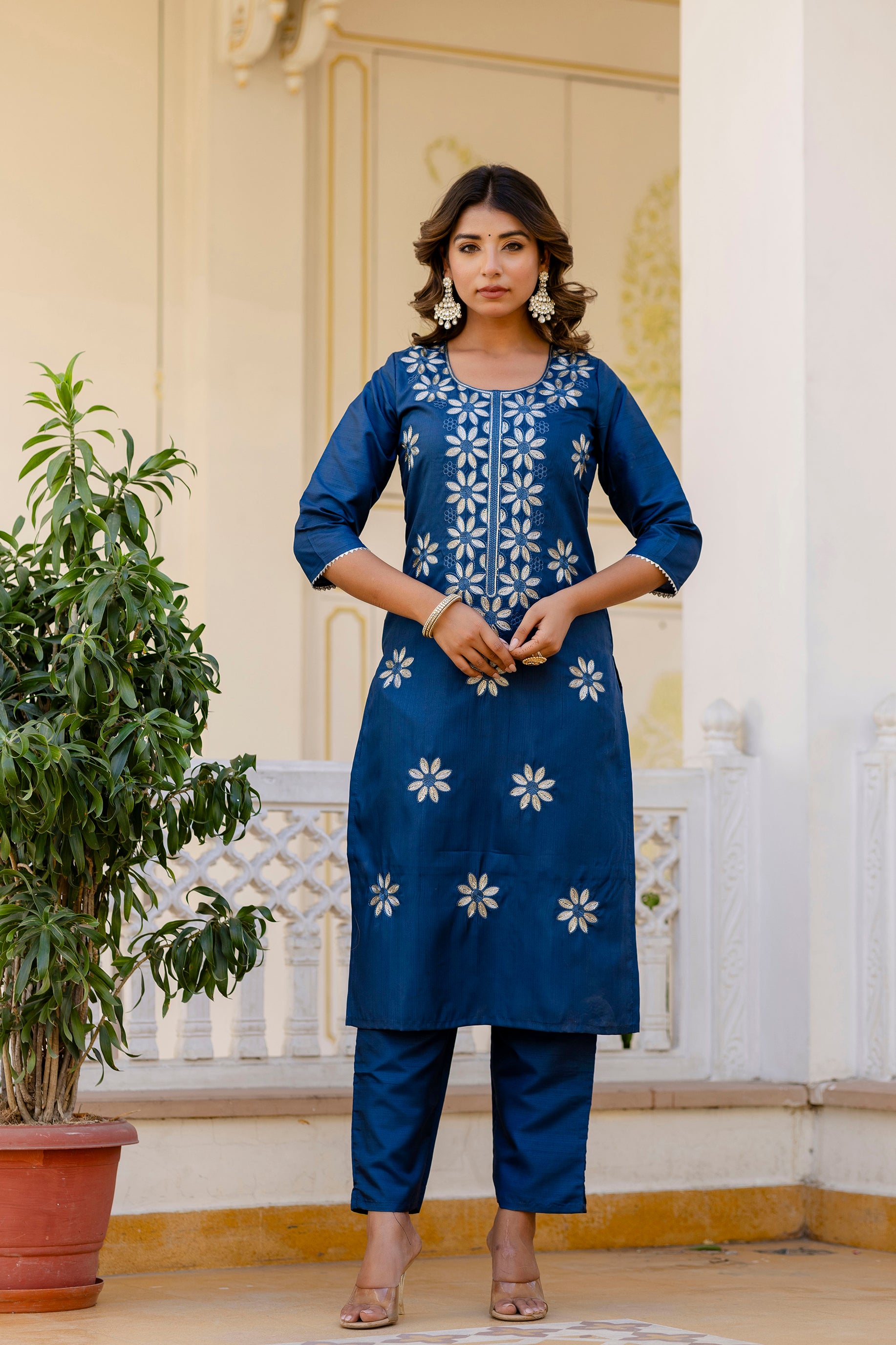 Teal Blue Pure Silk Kurta Set with Embroidery & Jacquard Dupatta | Designer Partywear & Ethnic Wear Malaysia