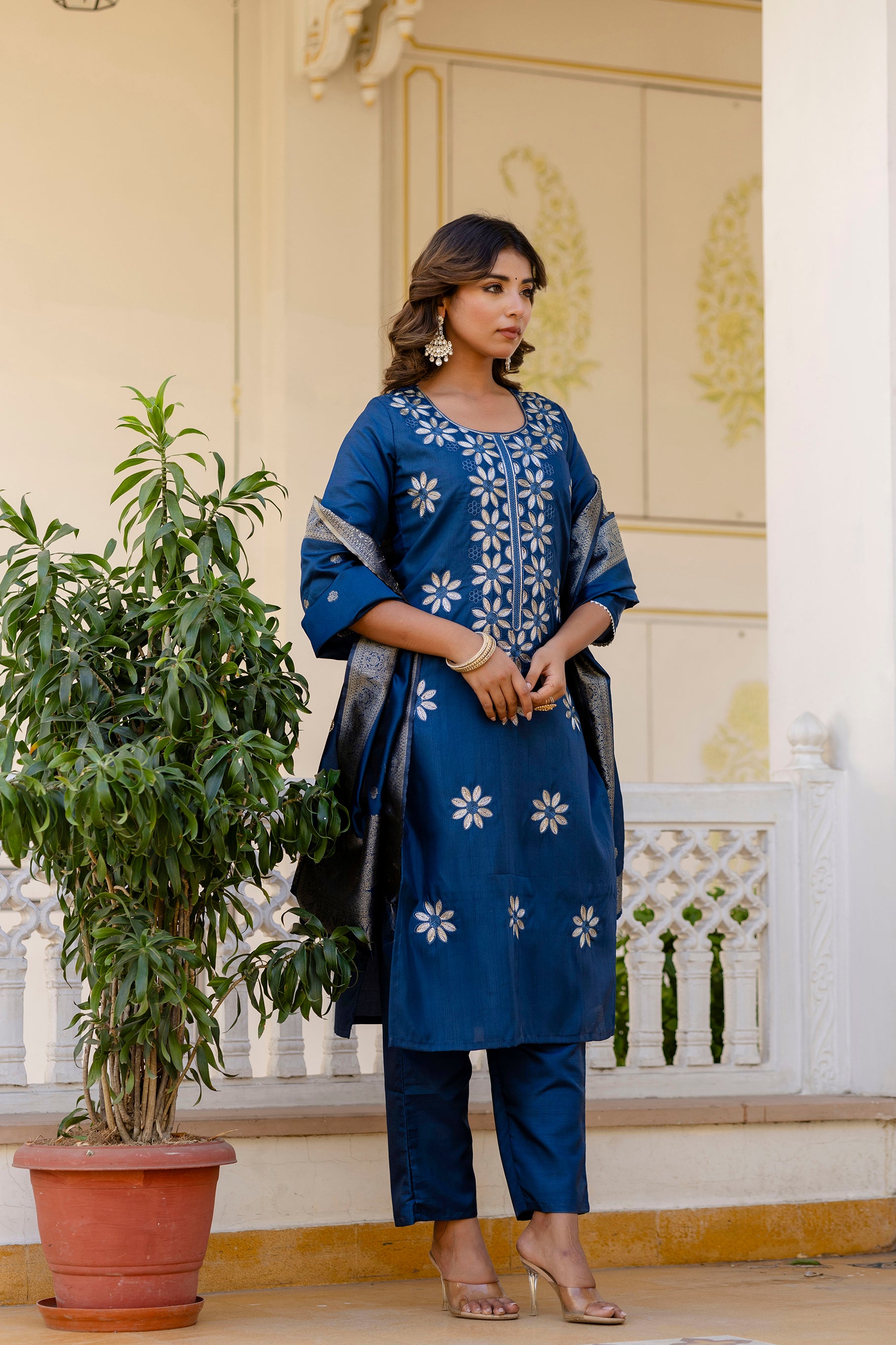 Teal Blue Pure Silk Kurta Set with Embroidery & Jacquard Dupatta | Designer Partywear & Ethnic Wear Malaysia