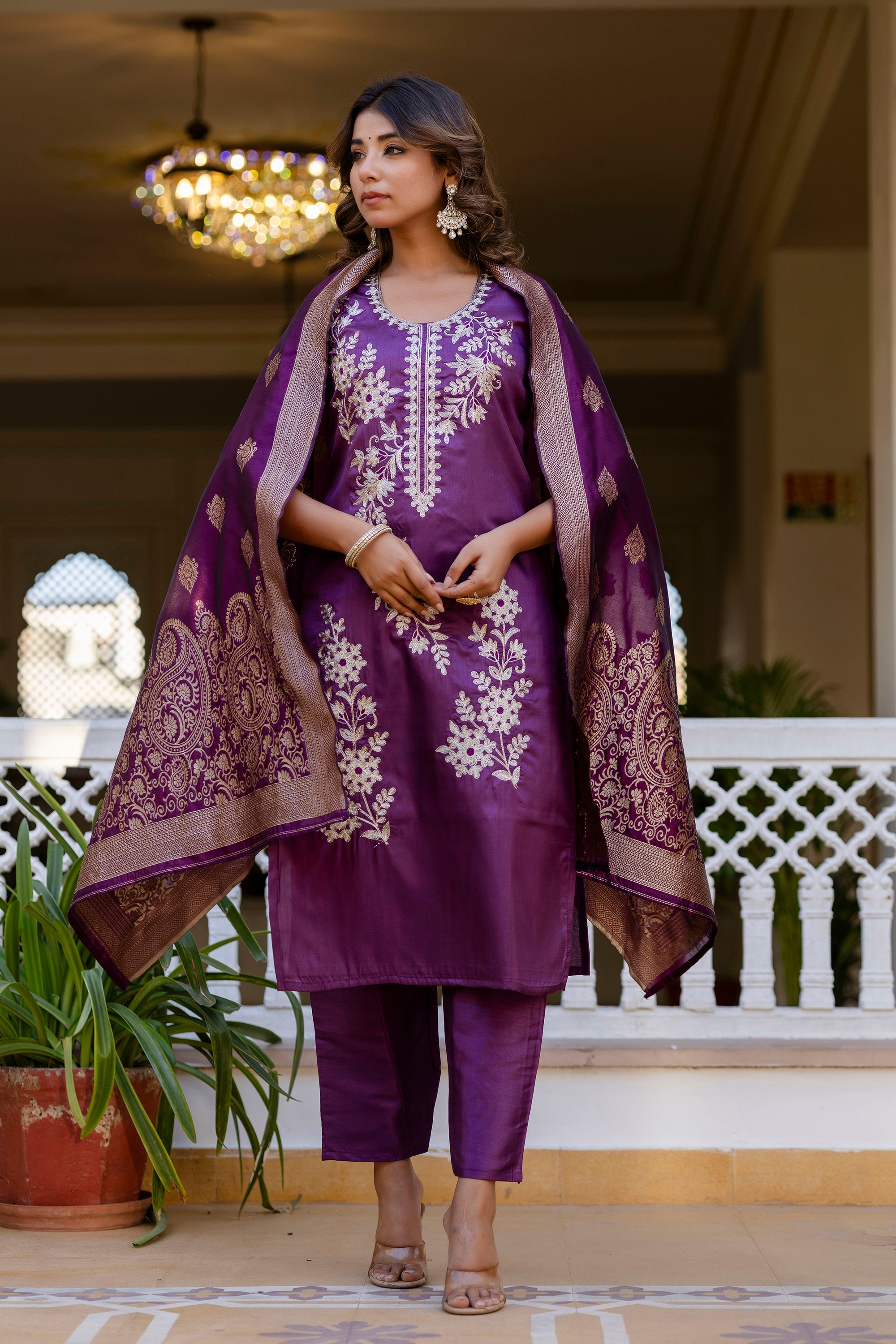 Wine Pure Silk Kurta Set for Women | Embroidered Stitched Suit with Jacquard Dupatta | Elegant Ready to Wear Ethnic Outfit | Kurti Set Malaysia