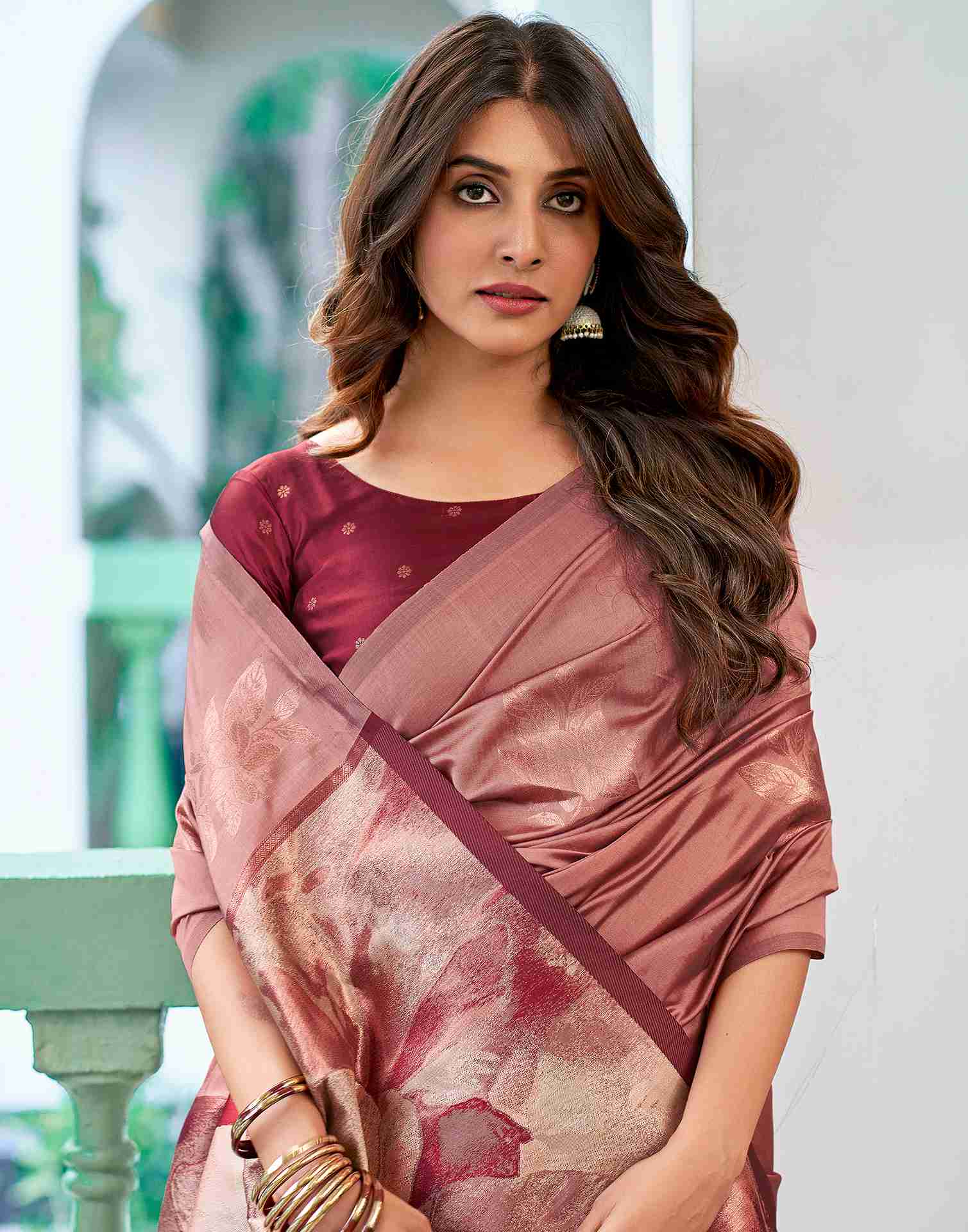 Banarasi Silk Saree for Women – Dark Peach & Maroon | Traditional Indian Saree | Partywear, Wedding & Festival Saree with Blouse Piece | Buy Saree Online Malaysia