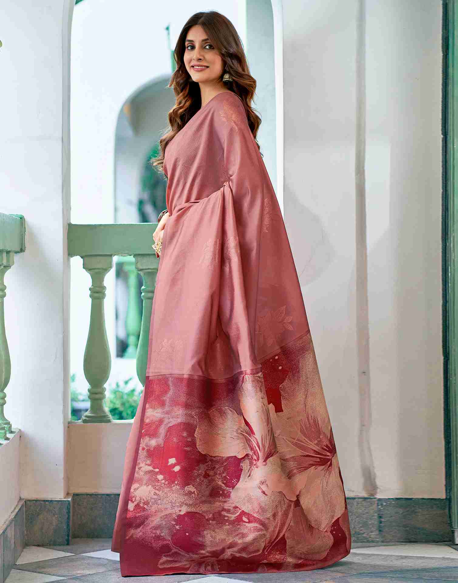 Banarasi Silk Saree for Women – Dark Peach & Maroon | Traditional Indian Saree | Partywear, Wedding & Festival Saree with Blouse Piece | Buy Saree Online Malaysia