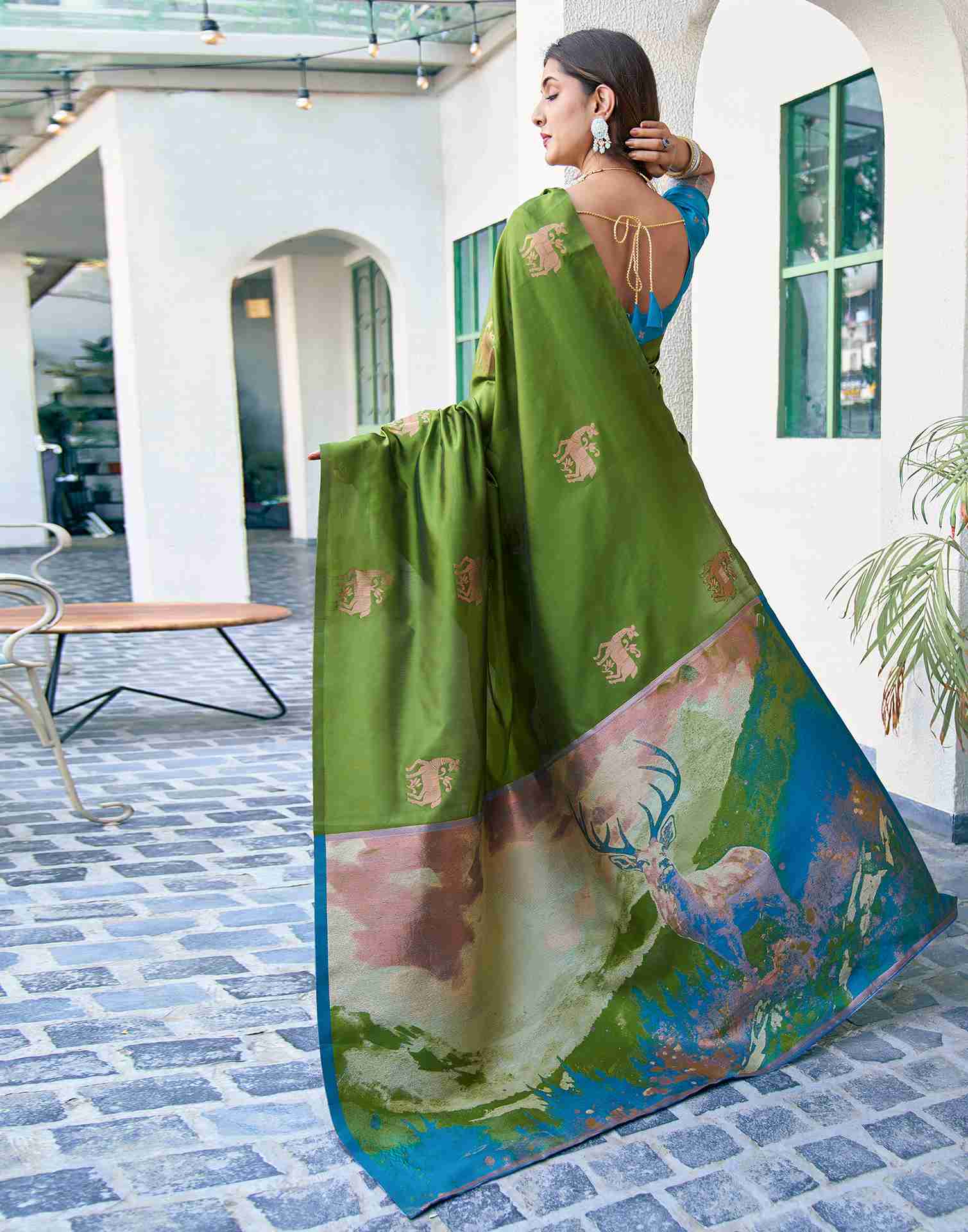 Elegant Banarasi Silk Saree for Women | Green & Multi-Color Woven Traditional Saree with Teal Blue Blouse | Wedding & Party Wear Saree Malaysia