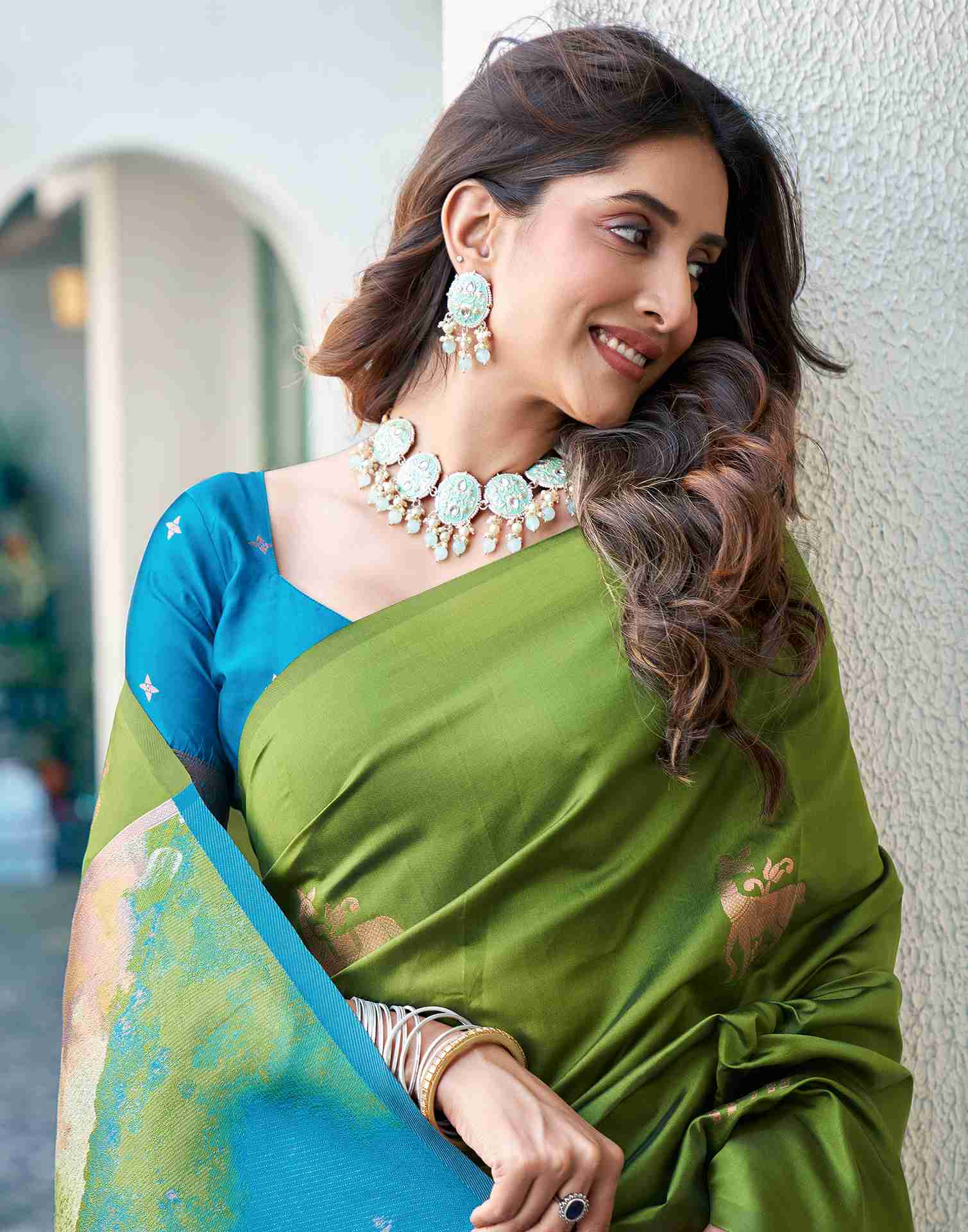 Elegant Banarasi Silk Saree for Women | Green & Multi-Color Woven Traditional Saree with Teal Blue Blouse | Wedding & Party Wear Saree Malaysia