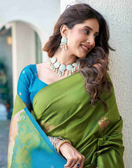 Elegant Banarasi Silk Saree for Women | Green & Multi-Color Woven Traditional Saree with Teal Blue Blouse | Wedding & Party Wear Saree Malaysia