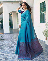 Banarasi Silk Saree for Women in Malaysia | Teal Blue & Deep Purple | Traditional Indian Wedding & Party Wear Saree with Blouse Piece