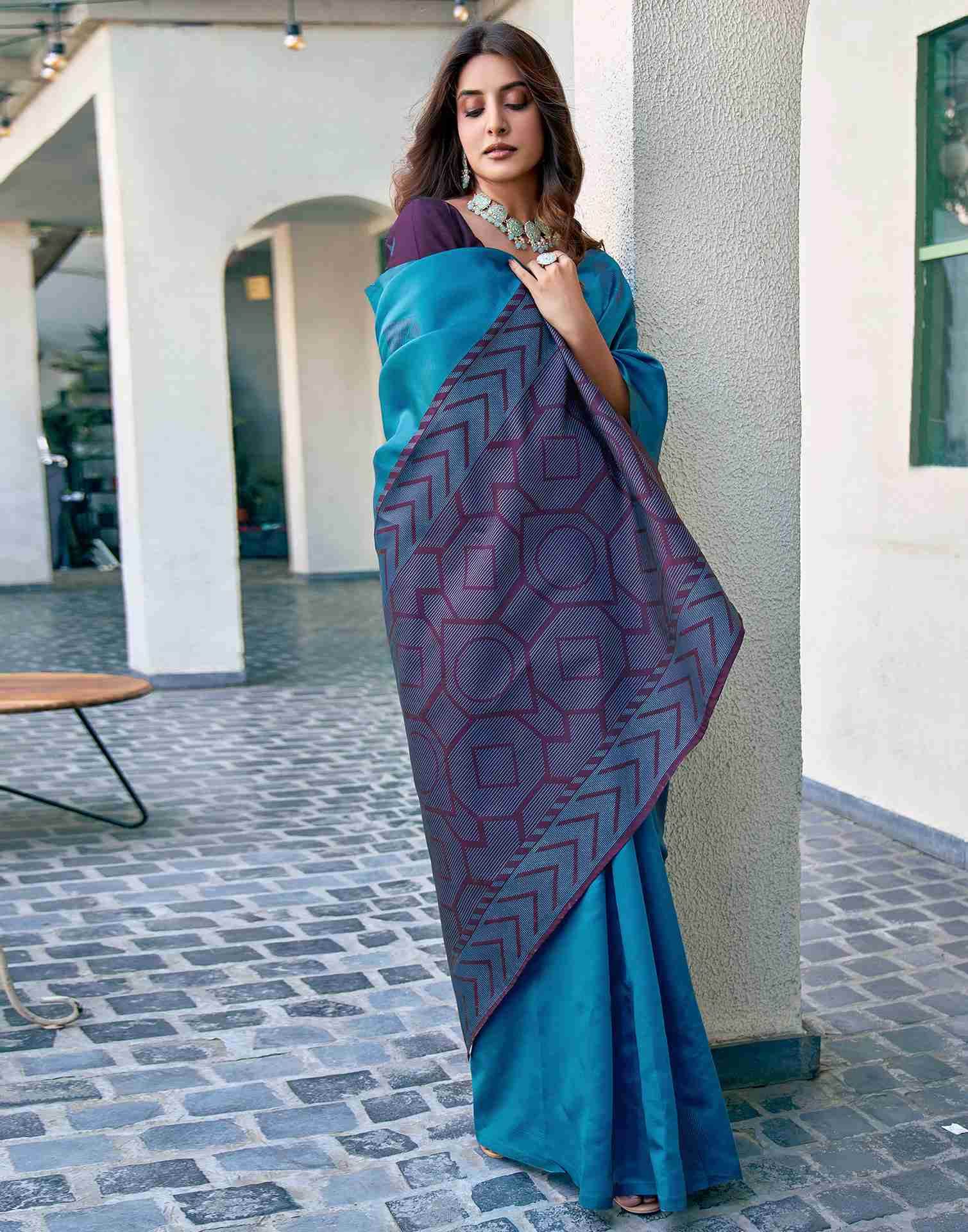 Banarasi Silk Saree for Women in Malaysia | Teal Blue & Deep Purple | Traditional Indian Wedding & Party Wear Saree with Blouse Piece