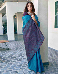 Banarasi Silk Saree for Women in Malaysia | Teal Blue & Deep Purple | Traditional Indian Wedding & Party Wear Saree with Blouse Piece