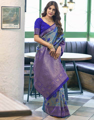 Banarasi Silk Blend Saree Sky Blue & Dark Blue with Golden Zari | Designer Indian Saree Online Malaysia | Wedding & Party Wear Saree for Women