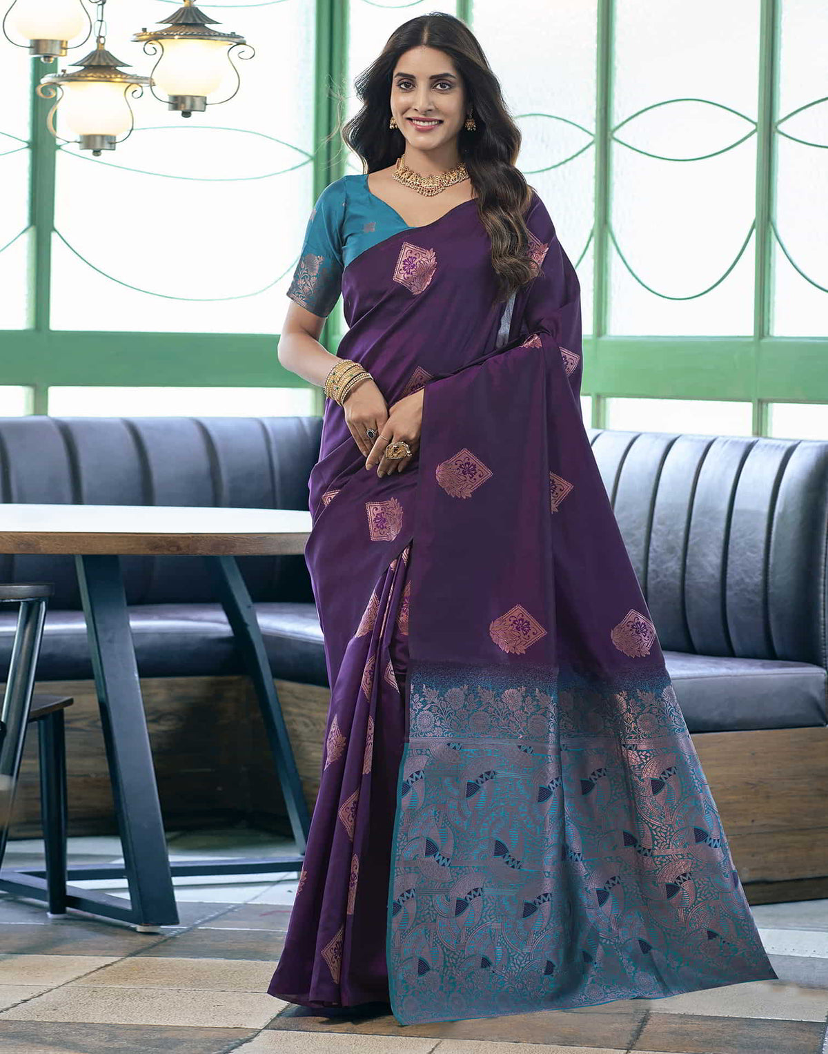 Banarasi Silk Blend Saree for Women – Deep Purple Blue Golden | Woven Work Saree with Blouse Piece | Wedding, Party & Festive Wear Saree Malaysia