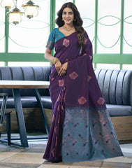 Banarasi Silk Blend Saree for Women – Deep Purple Blue Golden | Woven Work Saree with Blouse Piece | Wedding, Party & Festive Wear Saree Malaysia