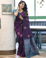 Banarasi Silk Blend Saree for Women – Deep Purple Blue Golden | Woven Work Saree with Blouse Piece | Wedding, Party & Festive Wear Saree Malaysia