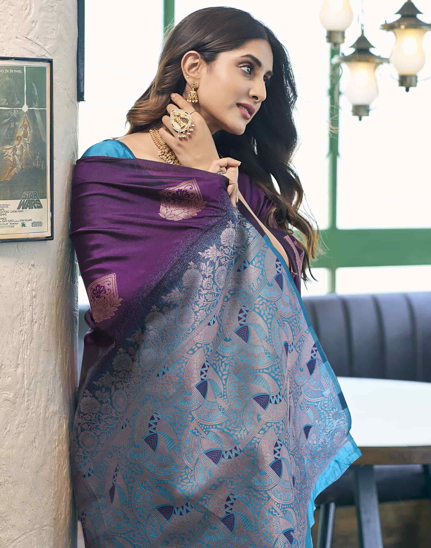 Banarasi Silk Blend Saree for Women – Deep Purple Blue Golden | Woven Work Saree with Blouse Piece | Wedding, Party & Festive Wear Saree Malaysia