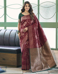 Banarasi Silk Blend Saree for Women | Maroon & Dark Green Woven Saree with Golden Border | Indian Traditional Saree with Blouse Piece | Party Wear Saree Malaysia Online Shopping