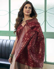 Banarasi Silk Blend Saree for Women | Maroon & Dark Green Woven Saree with Golden Border | Indian Traditional Saree with Blouse Piece | Party Wear Saree Malaysia Online Shopping