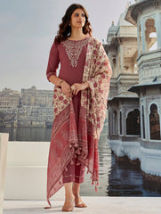 BROWN  COLOURED  WOMEN'S  COTTON SILK   KURTA WITH PANT DUPATTA  SET