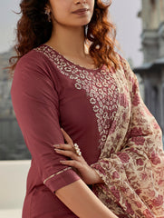 BROWN  COLOURED  WOMEN'S  COTTON SILK   KURTA WITH PANT DUPATTA  SET
