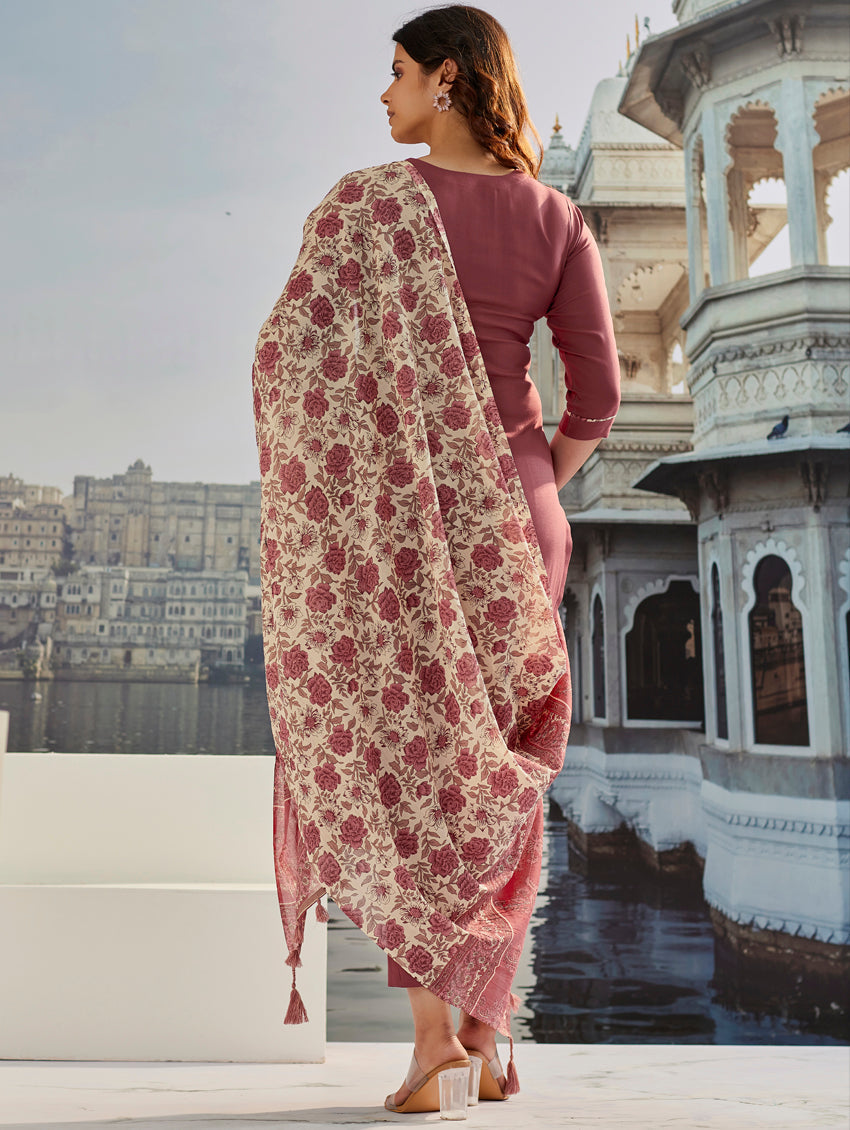 BROWN  COLOURED  WOMEN'S  COTTON SILK   KURTA WITH PANT DUPATTA  SET