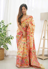KASHMIRI WEAVING MULTIPLE COLOR THREAD WEAVING PURE ZARI WEAVING LIGHT YELLOW