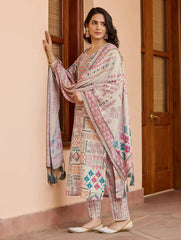 WHITE COLOURED  WOMEN'S COTTON EMBROIDERED  KURTA WITH PANT DUPATTA  SET
