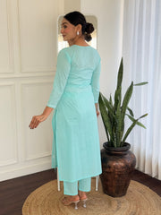 SKY COLOURED  WOMEN'S PURE COTTON  KURTA  WITH PANT DUPATTA  SET
