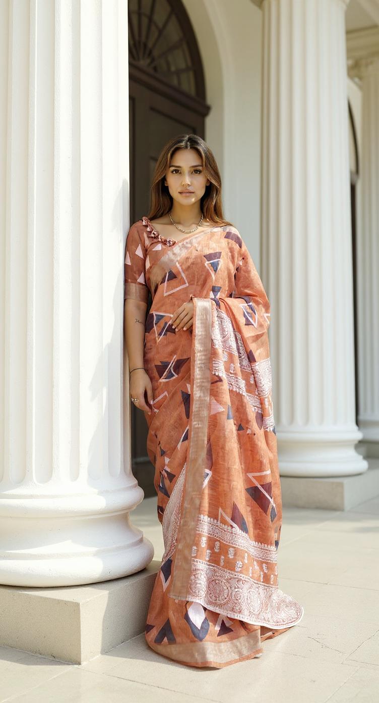 ORANGE  DIGITAL PRINTED COTTON SAREE