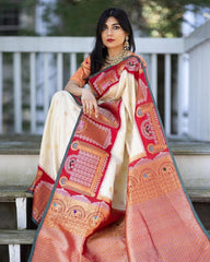 Red Floral Kanjeevaram Art Silk Saree With Geomatrical Border and Heavy Zari Pallu Traditional Saree