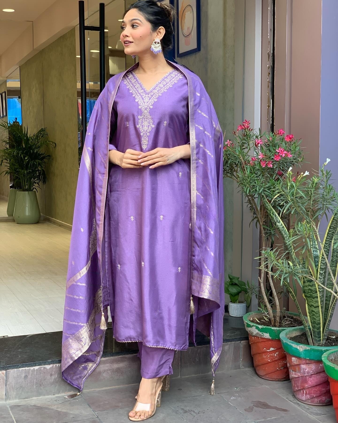JENA LAVENDER  COLOURED  WOMEN'S VISCOSE CHANDERI KURTA WITH PANT DUPATTA  SET