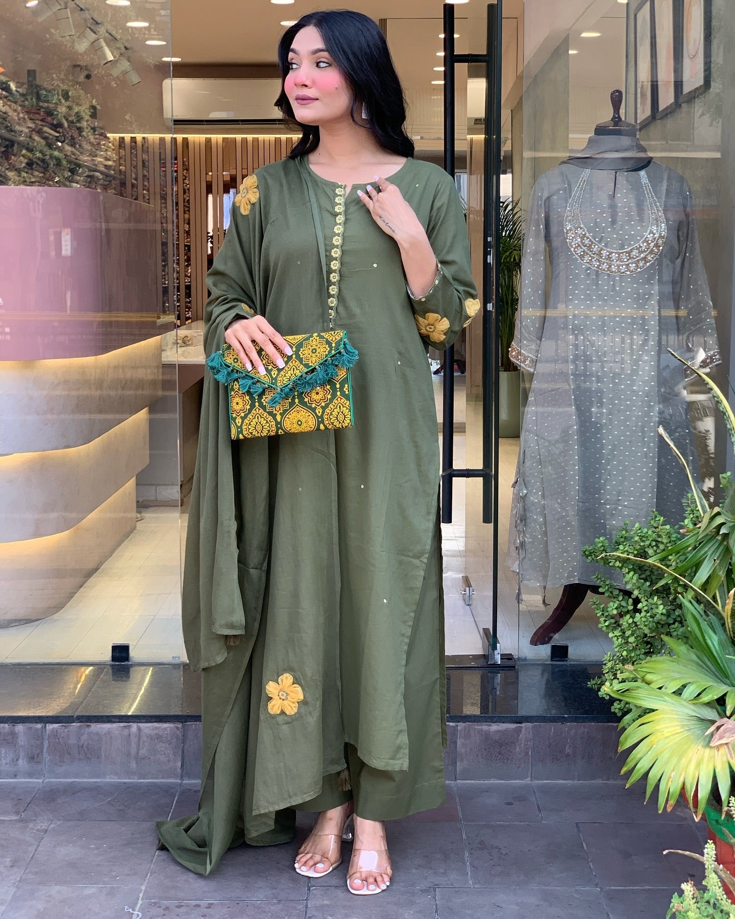 GREEN COLOURED  WOMEN'S CHANDERI SILK  KURTA WITH  DUPATTA SET