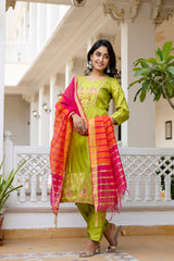 Mint Green Pure Silk Kurta Set with Dupatta | Khadi Print Women’s Ethnic Wear Malaysia | Partywear & Festive Collection